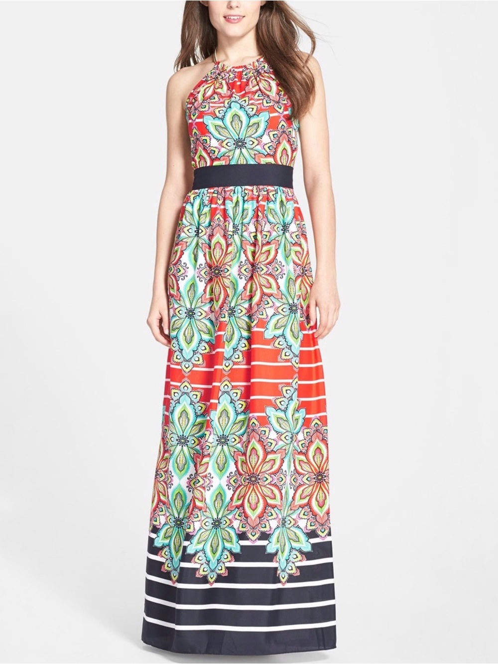 ELIZA J Floral Striped Chain Halter Maxi Dress Orange Blue Paisley Floral Summer